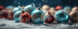 Fototapeta  - christmas baubles and ornaments laying on the snow, banner, backdrop, design, hollidays, festive, new year, background