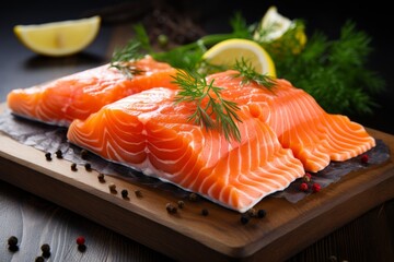 Wall Mural - Appetizing salmon on a dark background with selective focus