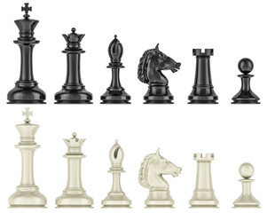 Fototapete - Black and white chess figures in row. 3D rendering isolated on transparent background