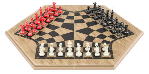Poster - 3 player chess or three man chess. 3d rendering isolated on transparent background
