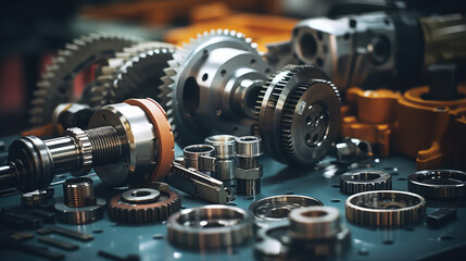 closeup metal transmission gear part on workbench at repair factory station, fix service, maintenanc