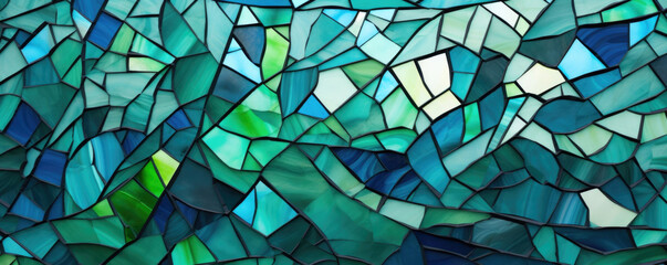 Wall Mural - Closeup of a mosaicstyle stained glass window with an abstract, geometric design in shades of green and blue, with a rough, uneven surface adding a unique textural element.