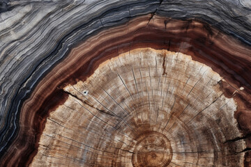 Wall Mural - Up close view of petrified wood, exhibiting a grainlike fossil texture that echoes the appearance of real wood, with its intricate patterns and streaks of dark and light tones.