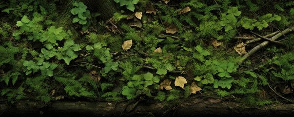 Wall Mural - Texture of a forest floor covered in a sea of verdant green, interrupted only by occasional patches of soil and fallen leaves.