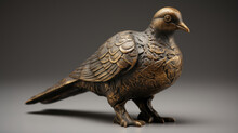 Texture Of A Pigeon Figurine Crafted From Weathered Brass, With Intricate Detailing And A Mottled Surface Of Dark And Light Shades.