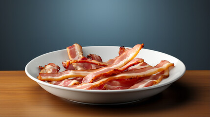 Wall Mural - Bacon slices on a white plate with simple background. Generative AI. 