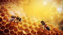 Hexagonal Beehive With Bees At Work, Set Against A Textured Background. Allow Space For Text, Background Image, AI Generated
