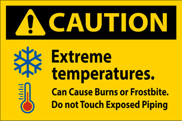 Wall Mural - Caution Sign Extreme Temperatures, Can Cause Burns or Frostbite, Do not Touch Exposed Piping