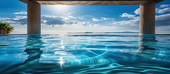 Luxury swimming pool with sun reflections seen through viewing port at resort With copyspace for text