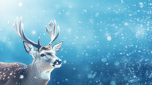 Christmas Background With White Decorative Deer In Snow On Blue Sky Background In Snowfall. Banner Format - Generative AI