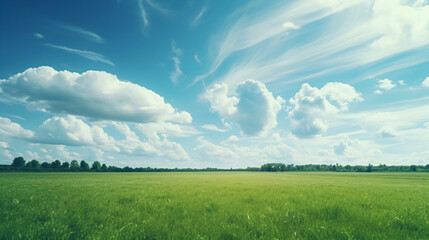 a clear sky with green fields and clouds, a park - generative ai