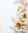 © seogi - pine branches, shiny, sparkling gold snowflakes and beautiful gold twigs, gold metal pine cones, on a pretty white background wedding invitation - Generative AI