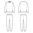 Technical Flat sketch of sweatshirt and sweatpants. Vector mock up Template. Sweat shirt and jogger pants. long sleeve with rib trim cuffs. Elasticated waist lounge set. Round neck T shirt. Tee