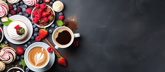 Sticker - Assorted fruit desserts and coffee seen from above With copyspace for text