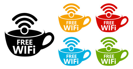 Wall Mural - Set free wifi icon logo. Coffeeshop Free internet area sign Vector illustration