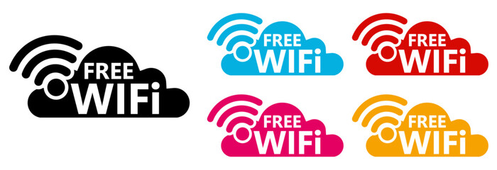 Wall Mural - Set free wifi cloud icon sign. Sharing free internet zone network connection labels design Vector illustration
