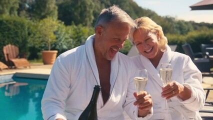 Wall Mural - Senior retired couple wearing robes pouring champagne and making toast relaxing by hotel pool on lounger on summer spa holiday - shot in slow motion