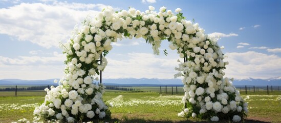 Poster - Gorgeous flower arch for a wedding in a field getting ready for the event With copyspace for text