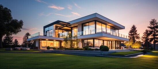 Canvas Print - Stunning modern white house with lush green grass and colorful sky at twilight and daytime