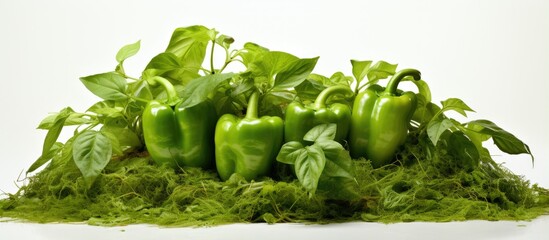 Wall Mural - Green sweet peppers on a bed of bushes With copyspace for text