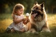 Generative AI : Cute little girl eating ice cream and feeding it to her shepherd dog sitting on the grass in the park in summer close up. High quality photo, blurred background.