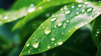 Fototapete - Generative AI : Large beautiful drops of transparent rain water on a green leaf macro. Drops of dew in the morning glow in the sun. Beautiful leaf texture in nature. Natural background