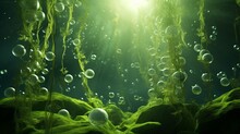 Generative AI : Green Seaweed Ulva Lactuca Algae Swing Underwater With Bubbles.