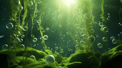 Generative AI : green seaweed ulva lactuca algae swing underwater with bubbles.