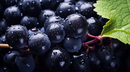 Poster - Generative AI : Close-up of berries of dark bunch of grape with water drops. Sot focus