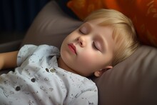 Generative AI : Lovely Face Expression With Open Mouth Of Blonde Caucasian Three Years Old Child, Sleeping On King Bed. Sweet Dreams. Little Baby Boy Sleeping While Lying On Couch At Home