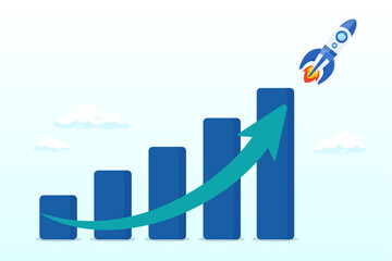 Financial report graph with exponential arrow from flying rocket, exponential growth or compound interest, investment, wealth or earning rising up graph, business sales or profit increase (Vector)