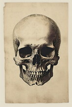 Skull Illustration Diagram Vintage Lithograph Print Texture, Halloween Horror