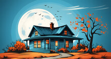 The Illustration Shows An Old House With A Chimney In An Autumn Landscape