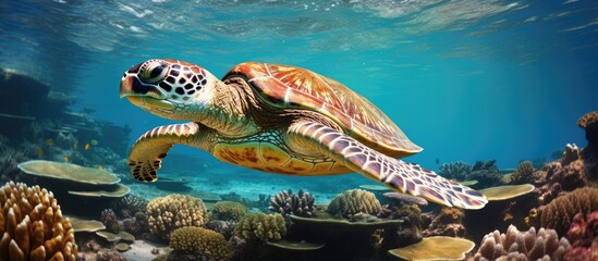 Wall Mural - Green sea turtle swimming in a Pacific coral reef New Caledonia With copyspace for text