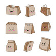 © palau83 - Cute happy paper bag. Funny food product box package. Cartoon shopping bags. Vector drawing. Collection of design elements.