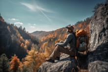 Hiker With Backpack Sitting On Top Of A Mountain And Enjoying The View
