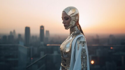 Poster - A female robot standing on the roof of a skyscraper at sunset