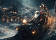 Cyber Santa delivers on a cold planet deep in space. Cyberpunk Santa delivers toys for future Christmas. 