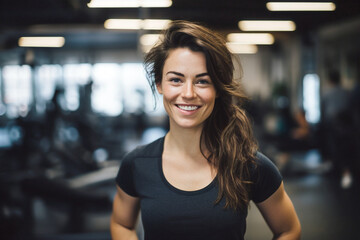 normal brunette woman smiling in gym portrait