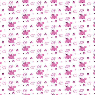 Hand drawn dinosaurs, pink heard shape.Seamless pattern. Cute dino design elements. Prints vintage design for t-shirts or any fabric. Vector illustration.