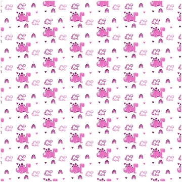 Hand drawn dinosaurs, pink heard shape.Seamless pattern. Cute dino design elements. Prints vintage design for t-shirts or any fabric. Vector illustration.