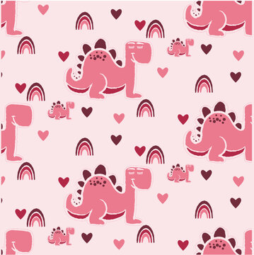 Hand drawn dinosaurs, pink heard shape.Seamless pattern. Cute dino design elements. Prints vintage design for t-shirts or any fabric. Vector illustration.