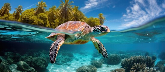 A turtle returns to the lagoon s reef on Lady Elliot Island With copyspace for text