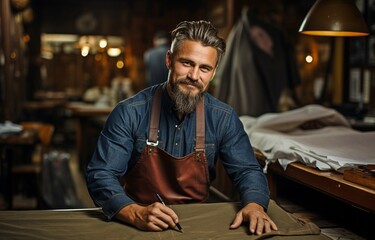 In his studio, the dressmaker is metering fabric. Man turns his attention to the camera. He is dressed in jeans..