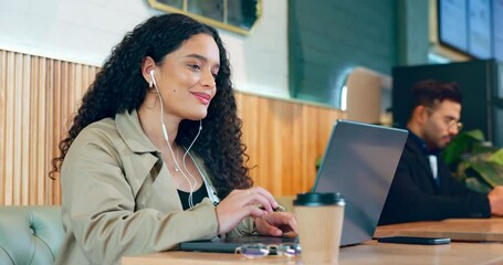 Poster - Laptop, music earphones and coffee shop woman listening, reading and search radio network, audio or podcast video. Customer, remote work and freelance person streaming song, media and working in cafe