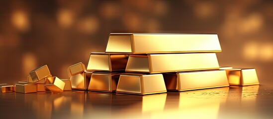 Poster - Shiny gold bars stacked up with light reflection isolated on a isolated pastel background Copy space