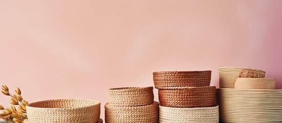 Aufkleber - Set of handmade wicker baskets of varying sizes isolated pastel background Copy space