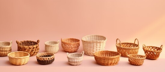 Aufkleber - Set of handmade wicker baskets of varying sizes isolated pastel background Copy space