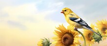 Copy Space Image On Isolated Background With Sunflowers Surrounding An American Goldfinch In A Watercolor Painting
