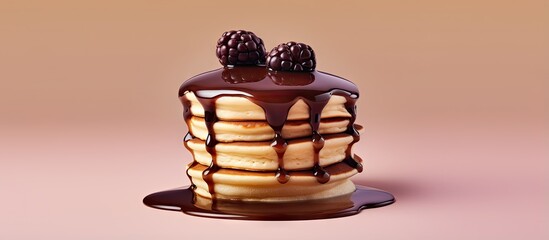 Poster - Stacked pancakes with chocolate syrup on isolated pastel background Copy space